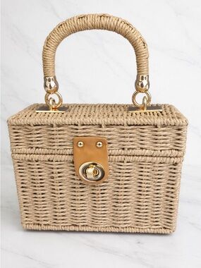 Structured Woven Box Bag in Natural Beige with Gold Hardware